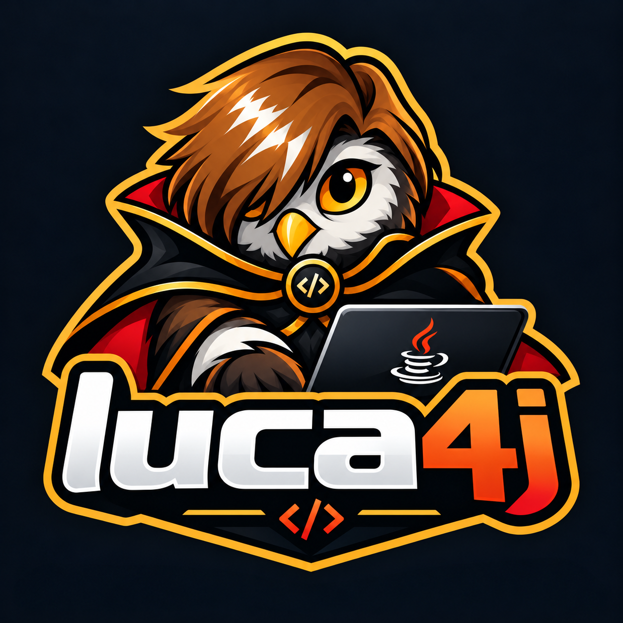 Gufo-capitano luca4j, mascotte con mantello e laptop